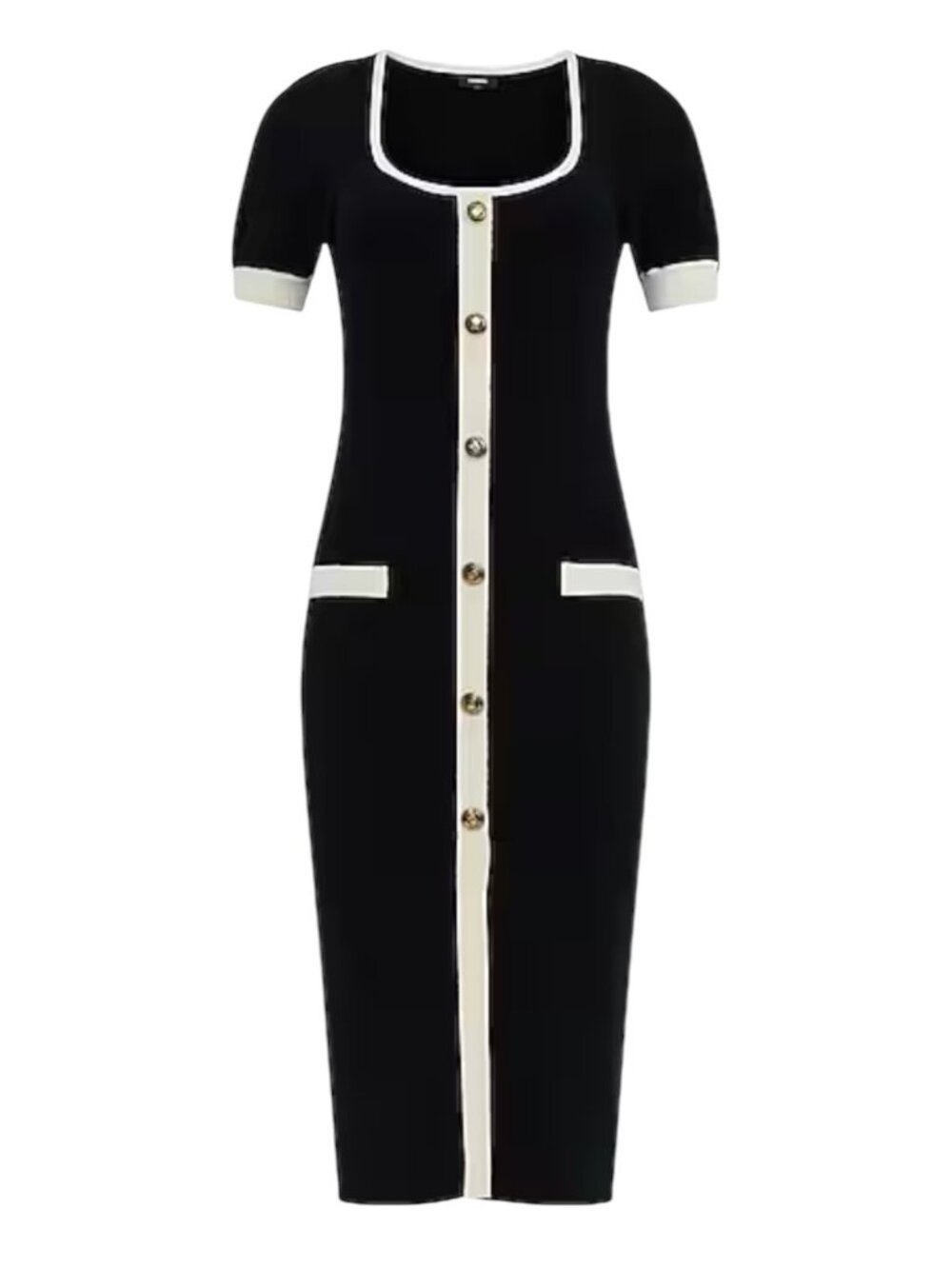 Express Tipped Sweater Dress Novelty Button Puff Sleeve Contrast Trim Black S